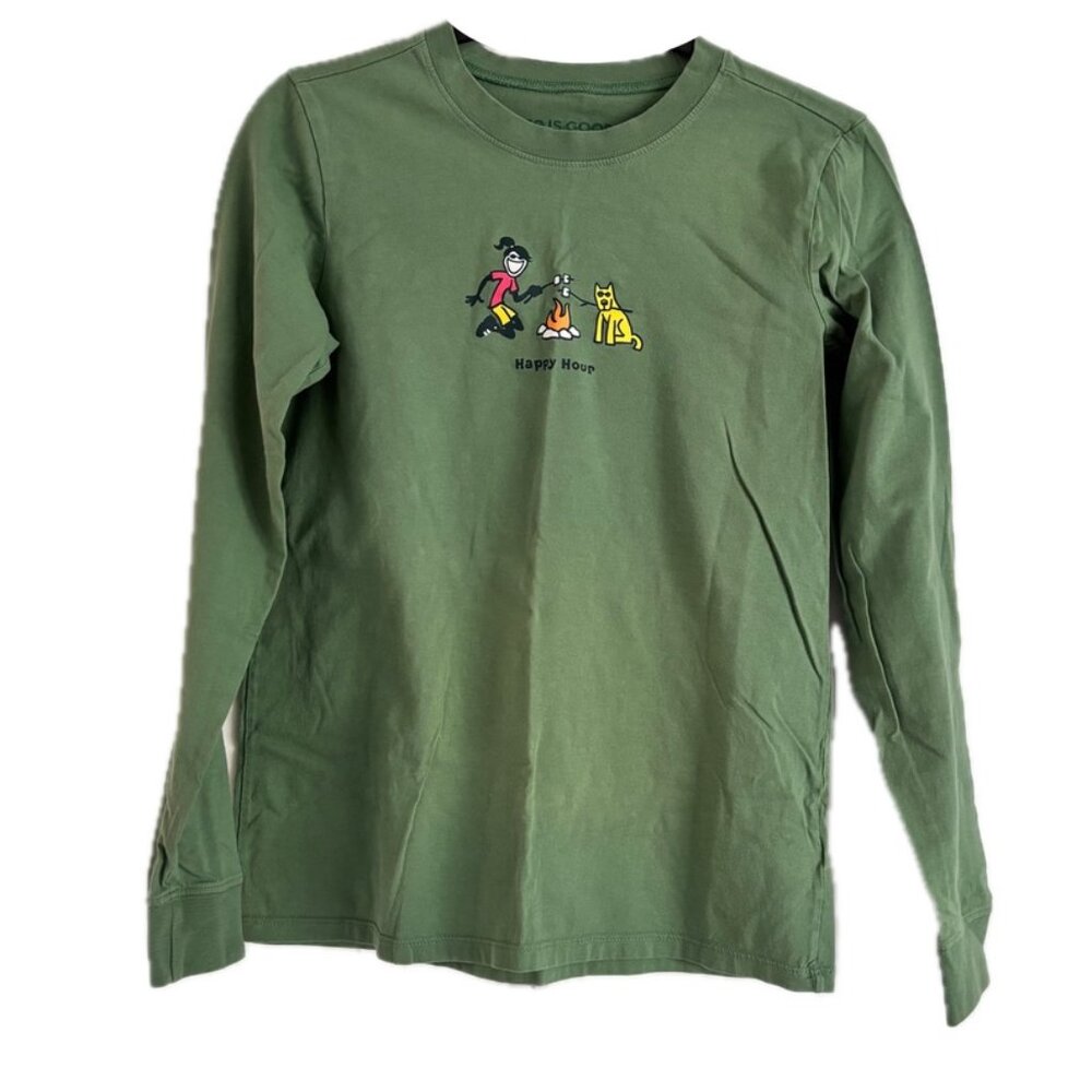 LIFE IS GOOD Sage Green Long Sleeve Tee Jackie & Rocket "Happy Hour" Wm Sz S NWT